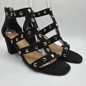 Comfortview Womens Black Faux Suede Studded Cage Gladiator Block Heel Sandals